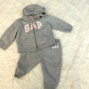 Baby girl, Gap, sweater, and pants gray and pink